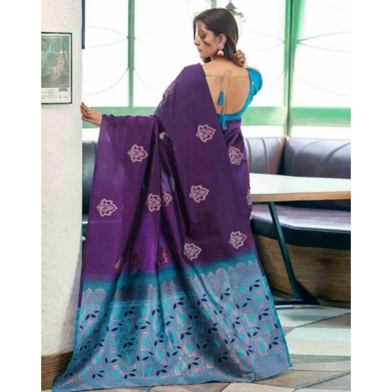 Alternative view of Women's Soft Lichi Silk Printed Saree With Unstitched Blouse 5.5Mtr (Blue)
