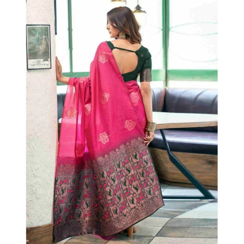 Alternative view of Women's Soft Lichi Silk Printed Saree With Unstitched Blouse 5.5Mtr (Pink)