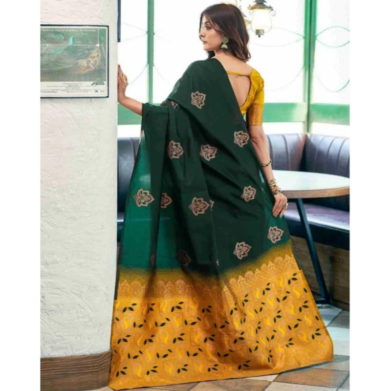 Alternative view of Women's Soft Lichi Silk Printed Saree With Unstitched Blouse 5.5Mtr (Green)
