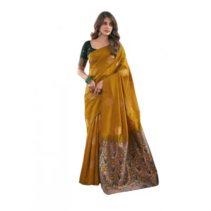 Women's Soft Lichi Silk Printed Saree With Unstitched Blouse 5.5Mtr (Mustard聽)