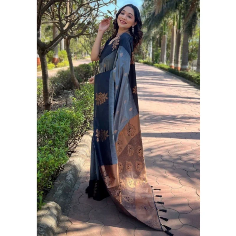 Alternative view of Women's Soft Lichi Silk Printed Saree With Unstitched Blouse 5.5Mtr (Grey)