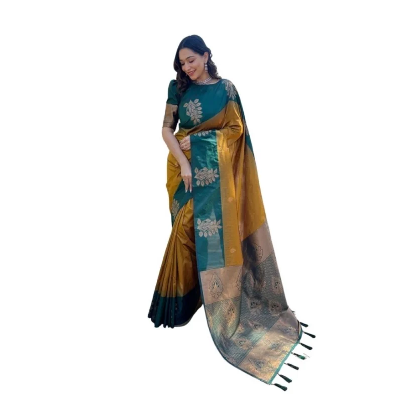 Women's Soft Lichi Silk Printed Saree With Unstitched Blouse 5.5Mtr (Mustard聽)