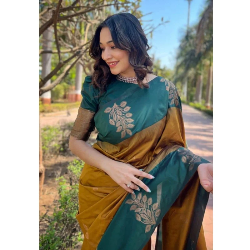 Alternative view of Women's Soft Lichi Silk Printed Saree With Unstitched Blouse 5.5Mtr (Mustard聽)