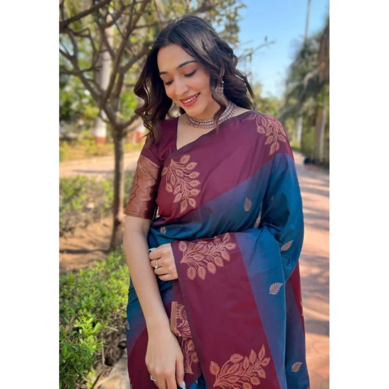 Alternative view of Women's Soft Lichi Silk Printed Saree With Unstitched Blouse 5.5Mtr (Blue)