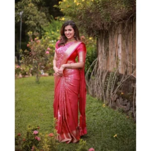 Alternative view of Women's Soft Lichi Silk Printed Saree With Unstitched Blouse 5.5Mtr (Pink)