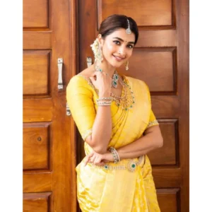 Alternative view of Women's Soft Lichi Silk Printed Saree With Unstitched Blouse 5.5Mtr (Yellow)