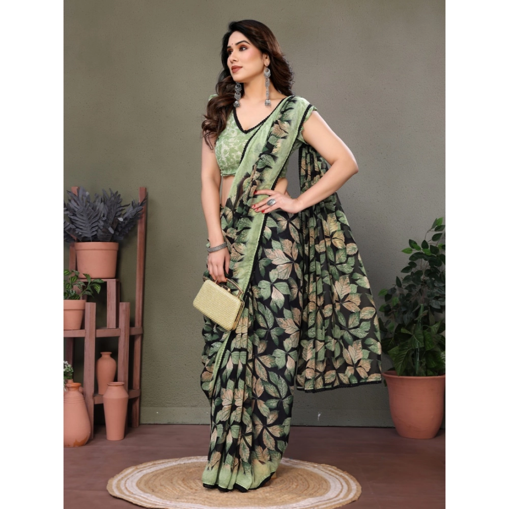 Women's Chiffon Printed Saree With Unstitched Blouse 5.5Mtr?(Green) - Image 2