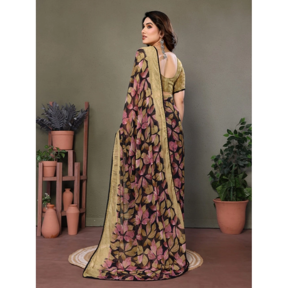 Women's Chiffon Printed Saree With Unstitched Blouse 5.5Mtr?(Beige) - Image 3