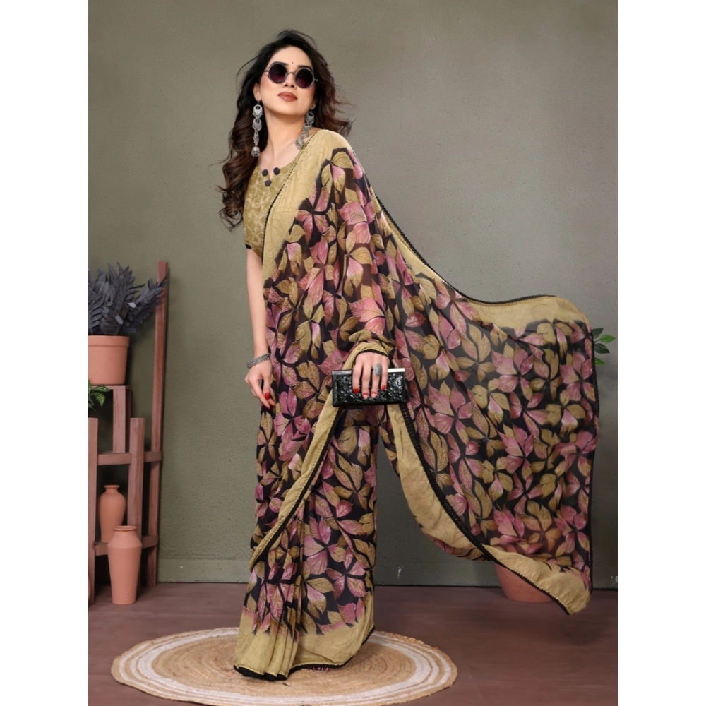 Women's Chiffon Printed Saree With Unstitched Blouse 5.5Mtr?(Beige) - Image 2