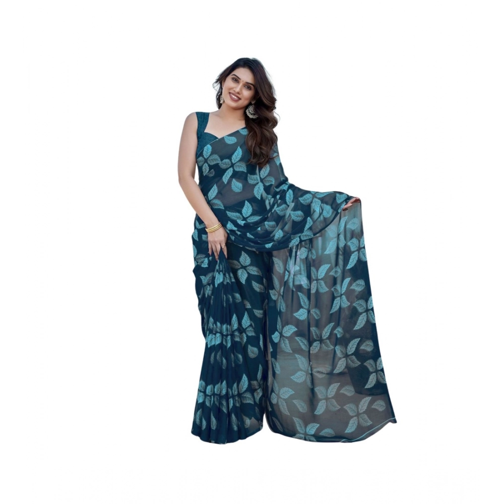 Women's Chiffon Printed Saree With Unstitched Blouse 5.5Mtr?(Blue)