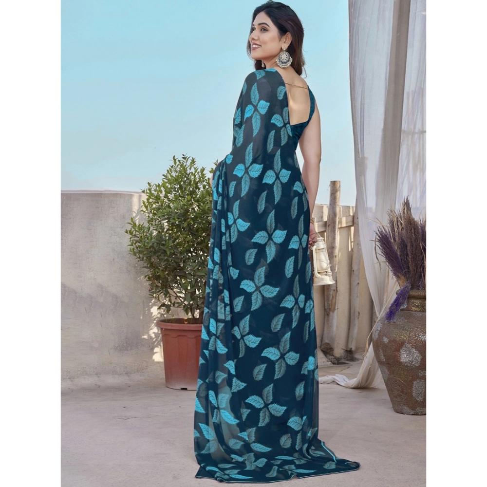 Women's Chiffon Printed Saree With Unstitched Blouse 5.5Mtr?(Blue) - Image 4