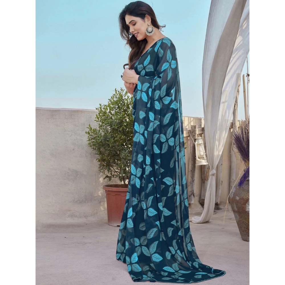 Women's Chiffon Printed Saree With Unstitched Blouse 5.5Mtr?(Blue) - Image 3