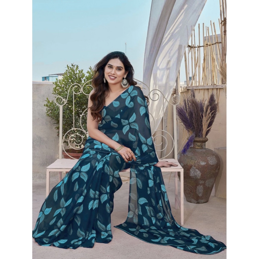Women's Chiffon Printed Saree With Unstitched Blouse 5.5Mtr?(Blue) - Image 2