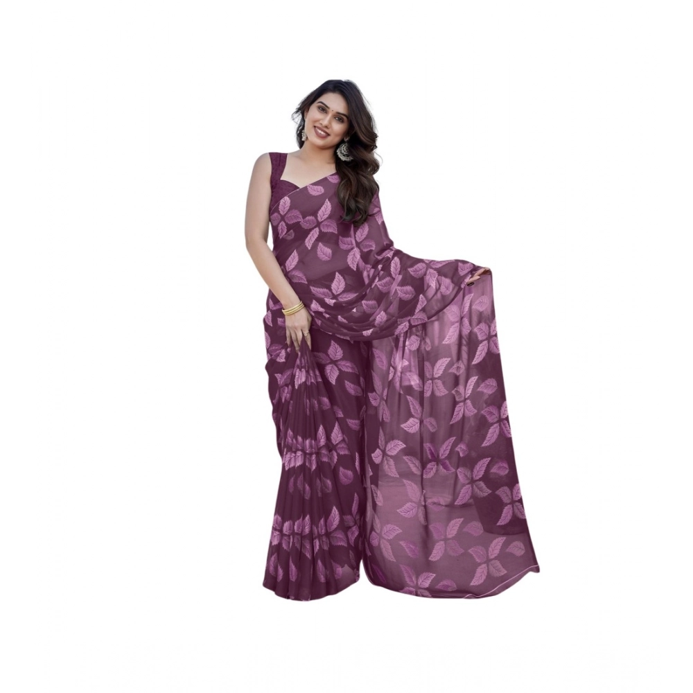 Women's Chiffon Printed Saree With Unstitched Blouse 5.5Mtr聽(Purple)