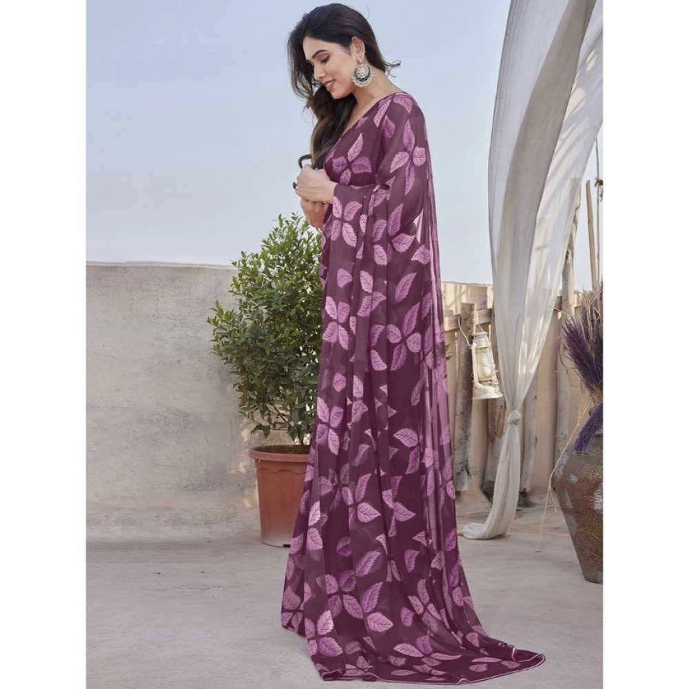 Women's Chiffon Printed Saree With Unstitched Blouse 5.5Mtr聽(Purple) - Image 2