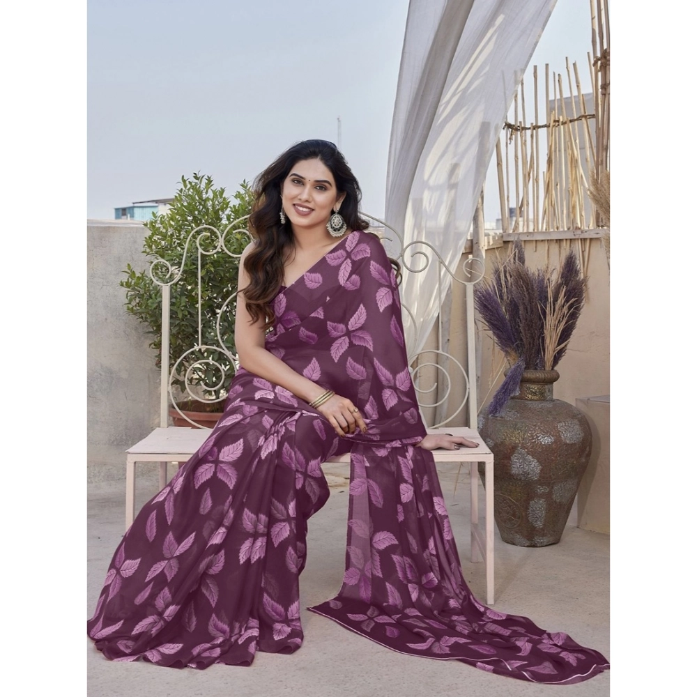 Women's Chiffon Printed Saree With Unstitched Blouse 5.5Mtr聽(Purple) - Image 3