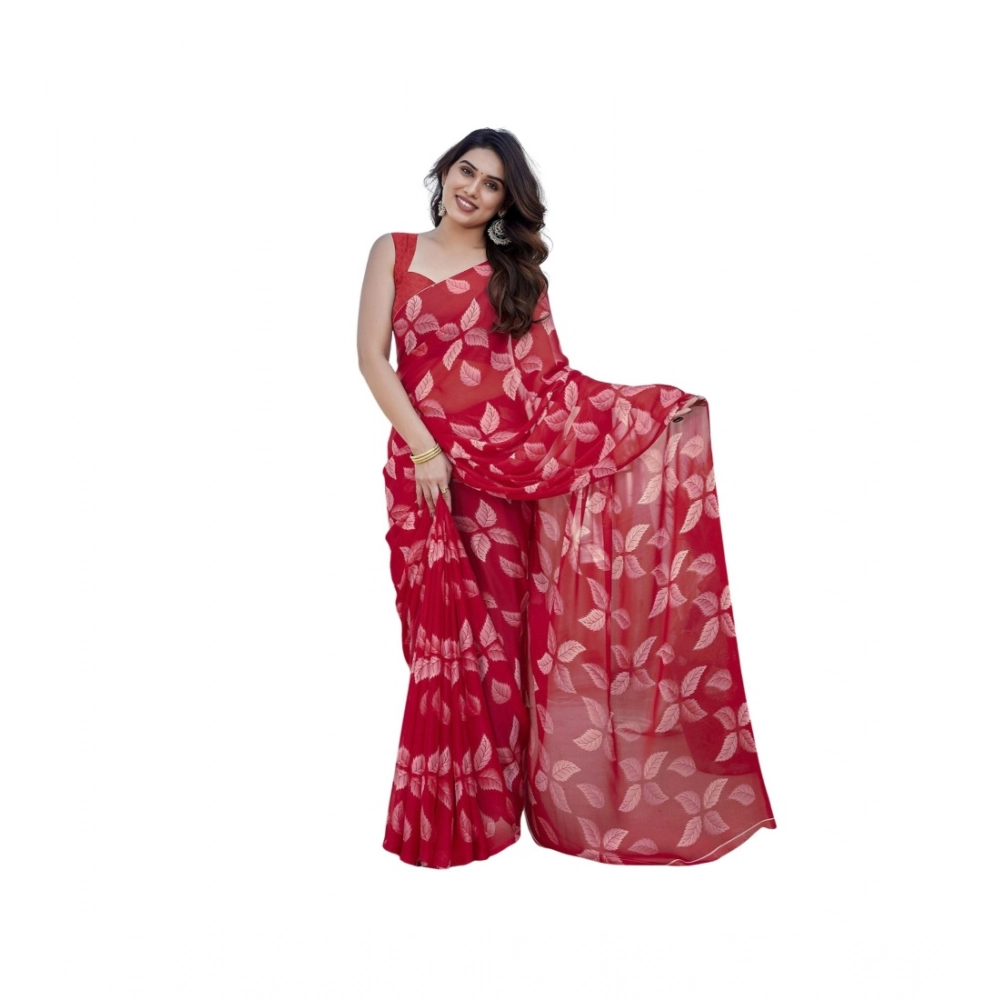 Women's Chiffon Printed Saree With Unstitched Blouse 5.5Mtr聽(Red)