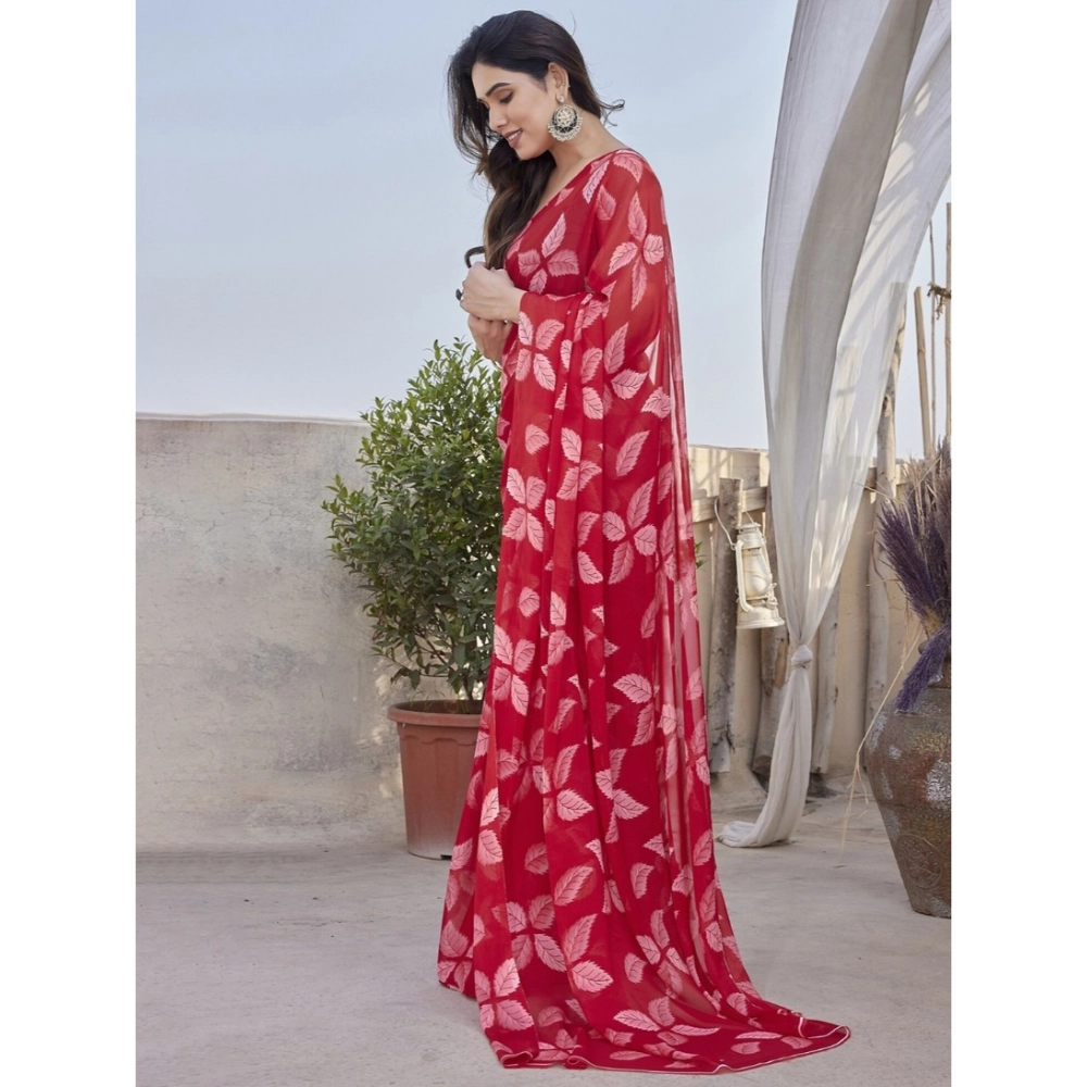 Women's Chiffon Printed Saree With Unstitched Blouse 5.5Mtr聽(Red) - Image 4
