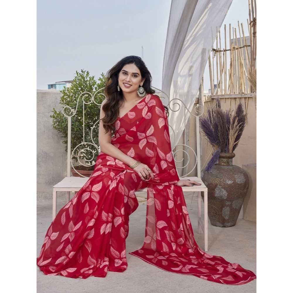 Women's Chiffon Printed Saree With Unstitched Blouse 5.5Mtr聽(Red) - Image 2