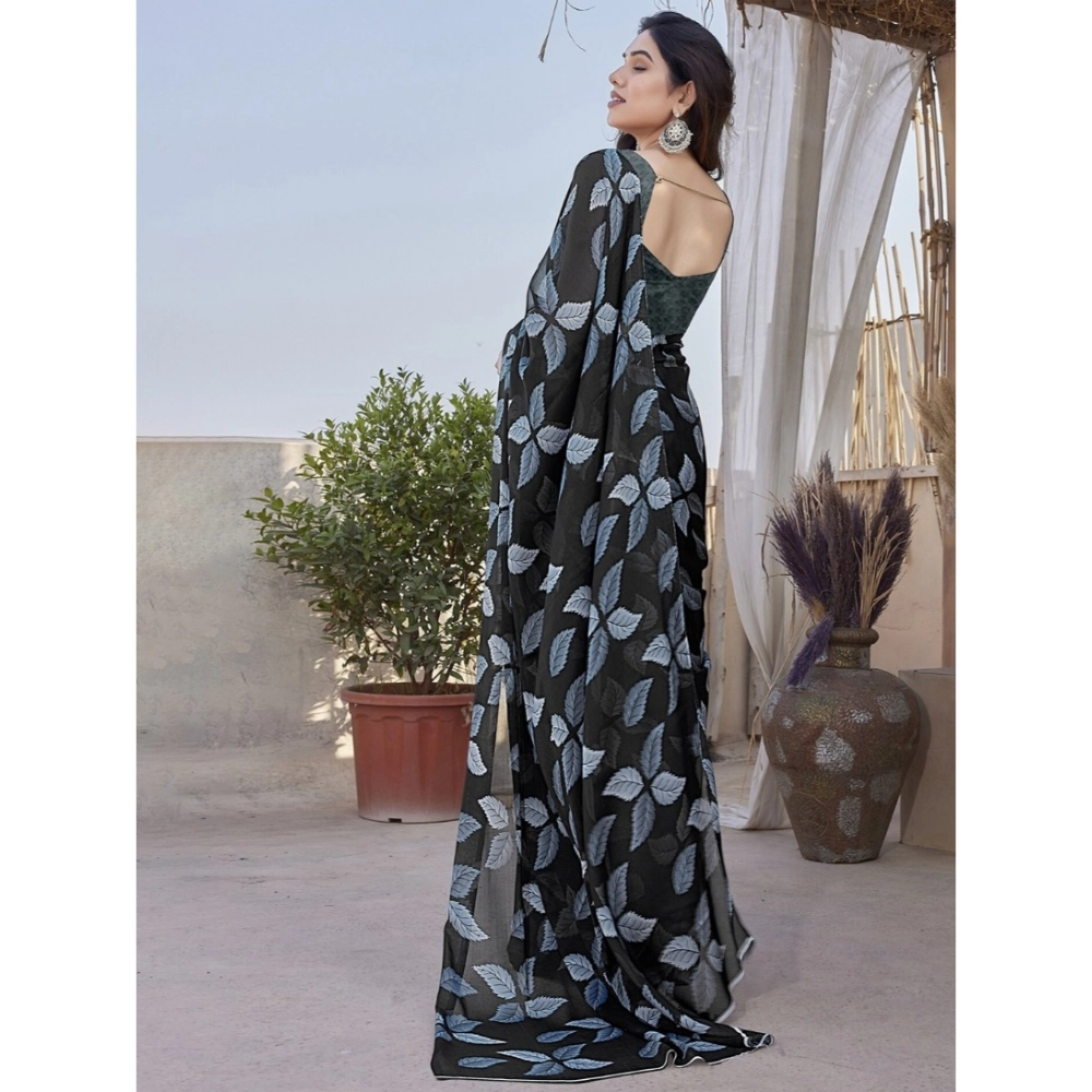 Women's Chiffon Printed Saree With Unstitched Blouse 5.5Mtr (Black) - Image 4