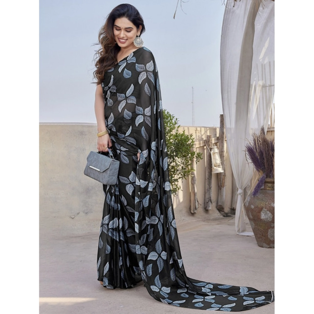 Women's Chiffon Printed Saree With Unstitched Blouse 5.5Mtr (Black) - Image 2