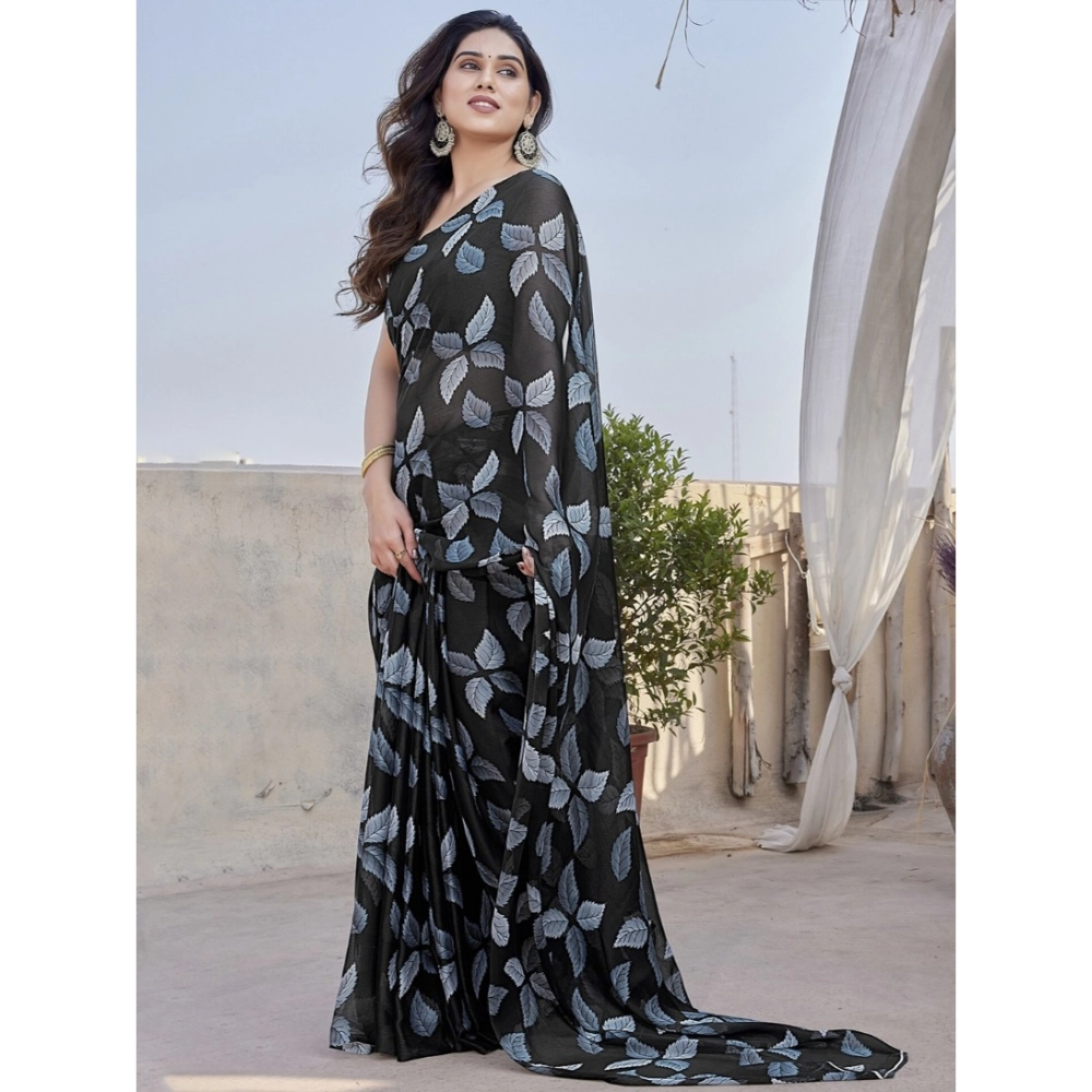 Women's Chiffon Printed Saree With Unstitched Blouse 5.5Mtr (Black) - Image 3