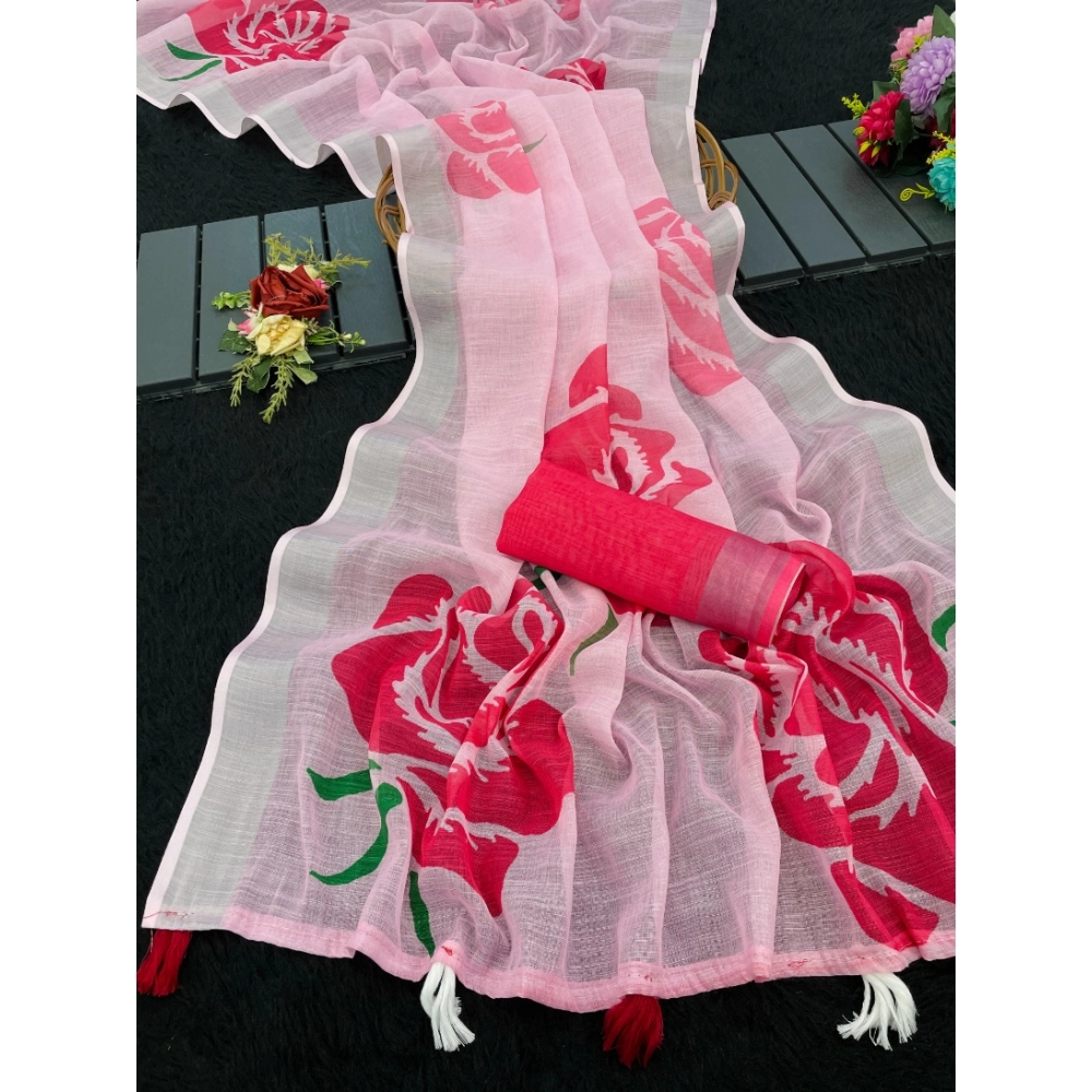 Women's Linen Cotton Printed Saree With Unstitched Blouse 5.5Mtr?(Pink)