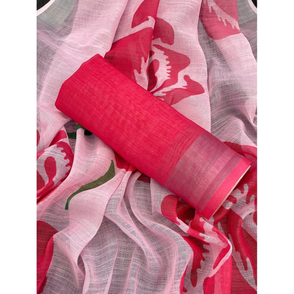 Women's Linen Cotton Printed Saree With Unstitched Blouse 5.5Mtr?(Pink) - Image 2