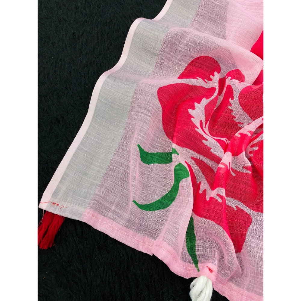 Women's Linen Cotton Printed Saree With Unstitched Blouse 5.5Mtr?(Pink) - Image 3