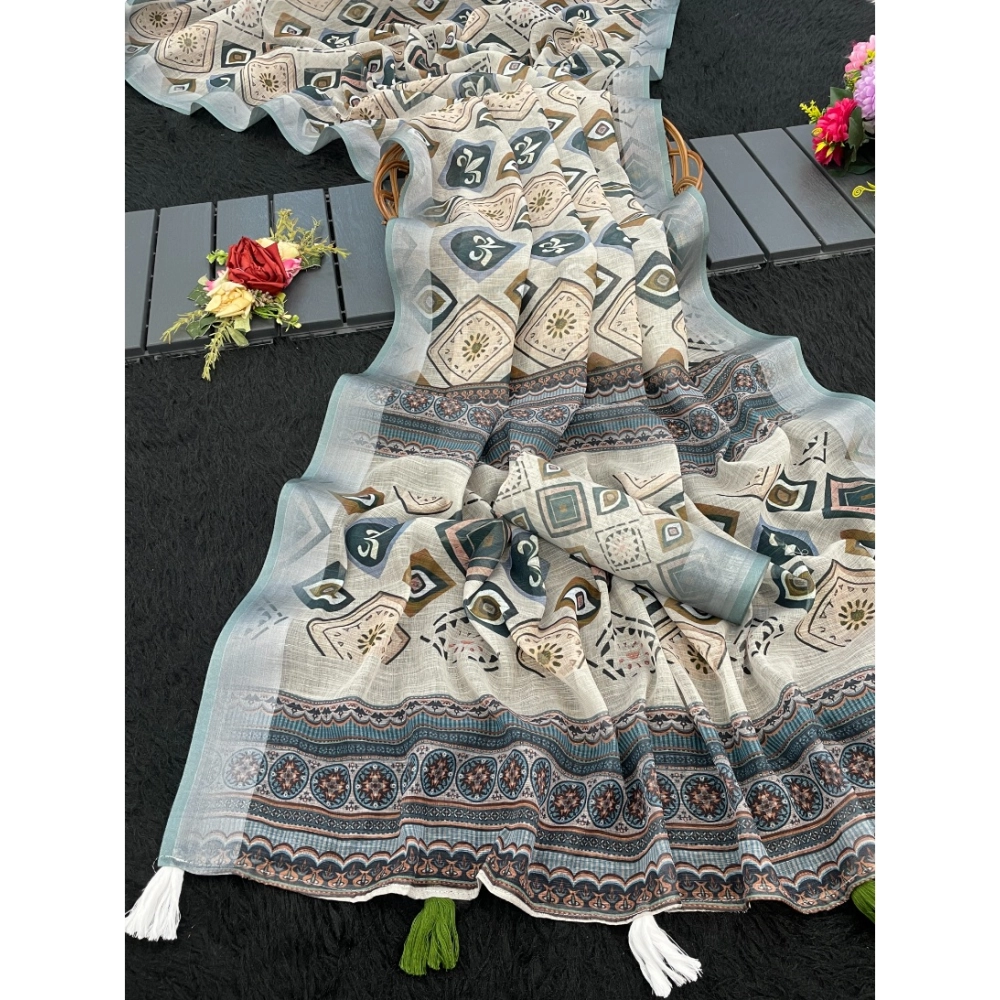Women's Linen Cotton Printed Saree With Unstitched Blouse 5.5Mtr?(Grey)