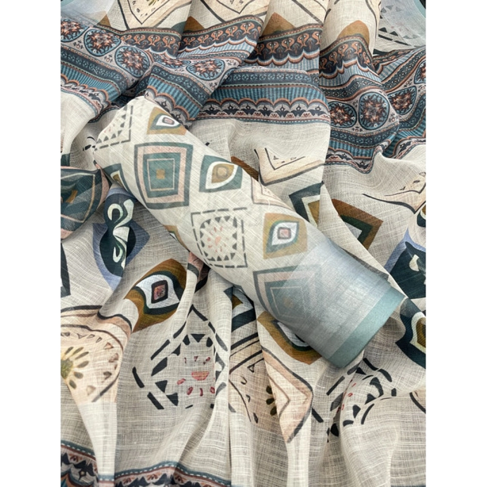 Women's Linen Cotton Printed Saree With Unstitched Blouse 5.5Mtr?(Grey) - Image 2