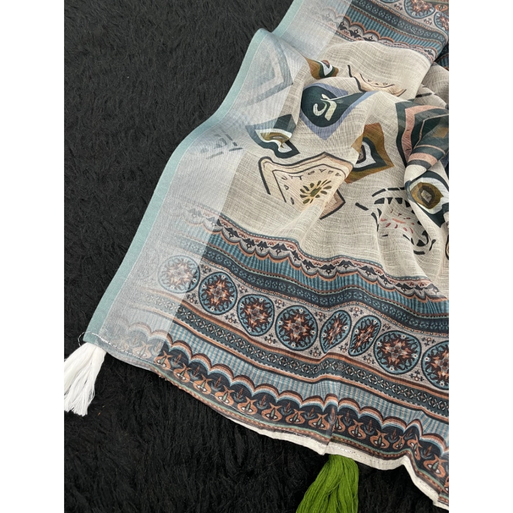 Women's Linen Cotton Printed Saree With Unstitched Blouse 5.5Mtr?(Grey) - Image 3