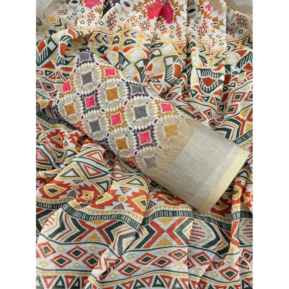 Women's Linen Cotton Printed Saree With Unstitched Blouse 5.5Mtr?(Cream) - Image 3