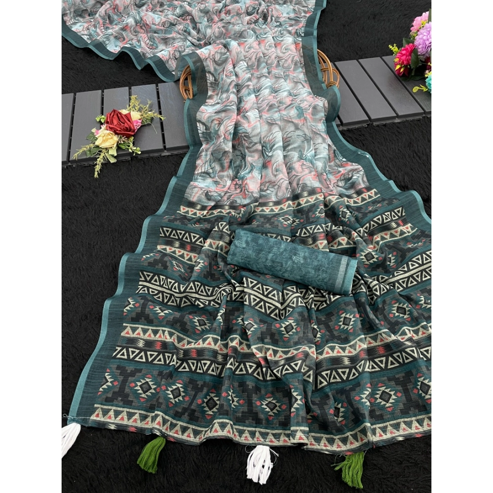 Women's Linen Cotton Printed Saree With Unstitched Blouse 5.5Mtr?(Blue)