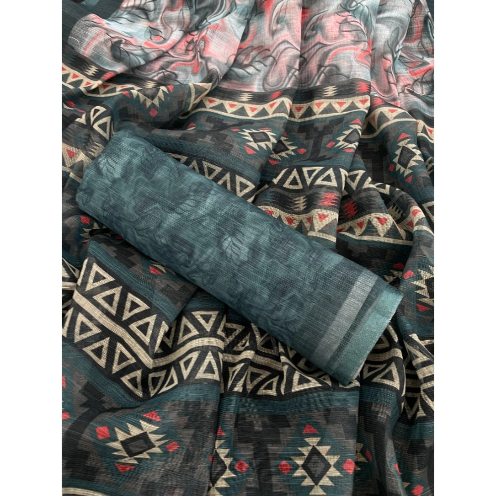 Women's Linen Cotton Printed Saree With Unstitched Blouse 5.5Mtr?(Blue) - Image 2