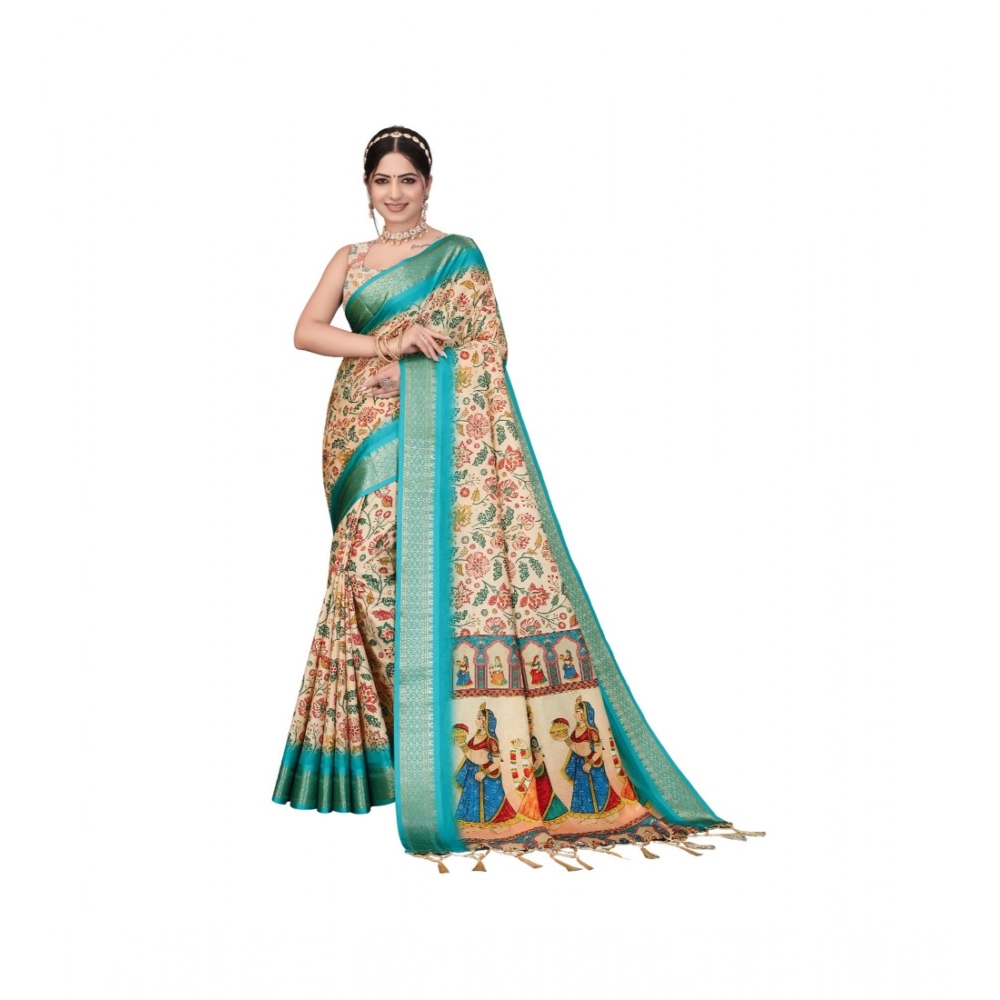 Women's Cotton Silk Printed Saree With Unstitched Blouse 5.5Mtr?(Sky Blue)