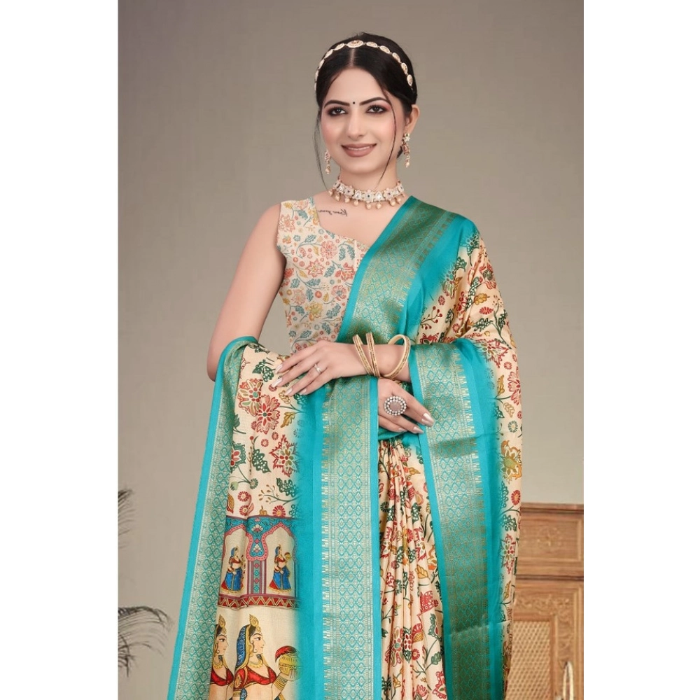 Women's Cotton Silk Printed Saree With Unstitched Blouse 5.5Mtr?(Sky Blue) - Image 2