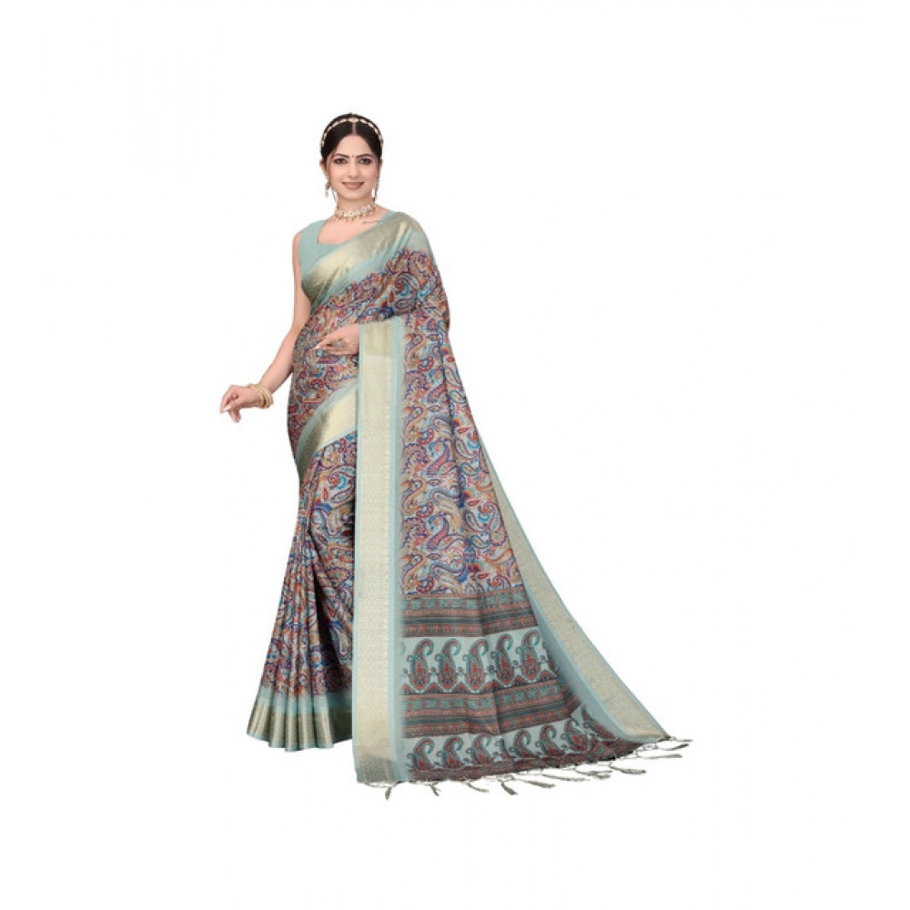Women's Cotton Silk Printed Saree With Unstitched Blouse 5.5Mtr?(Multicolor)