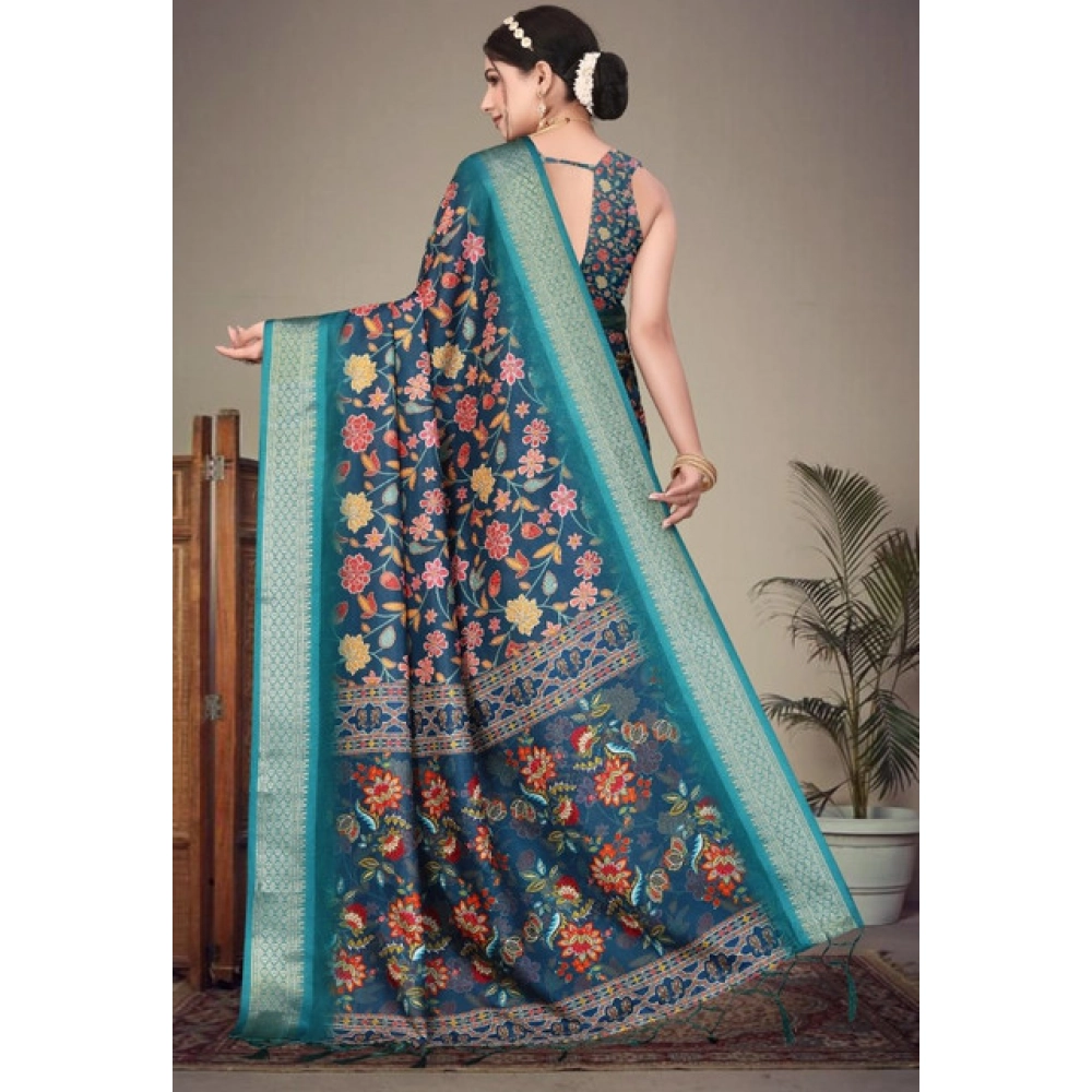 Women's Cotton Silk Printed Saree With Unstitched Blouse 5.5Mtr?(Blue) - Image 2