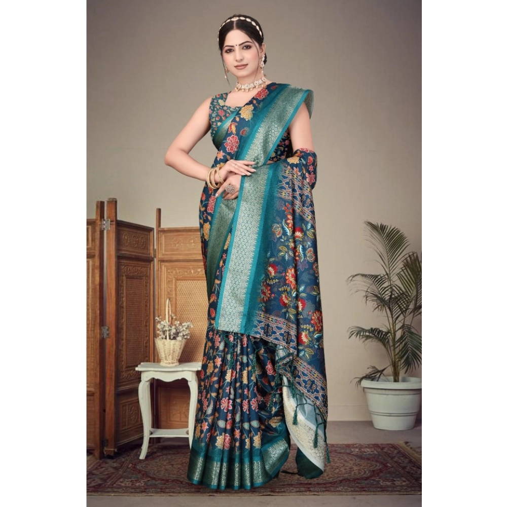 Women's Cotton Silk Printed Saree With Unstitched Blouse 5.5Mtr?(Blue) - Image 3