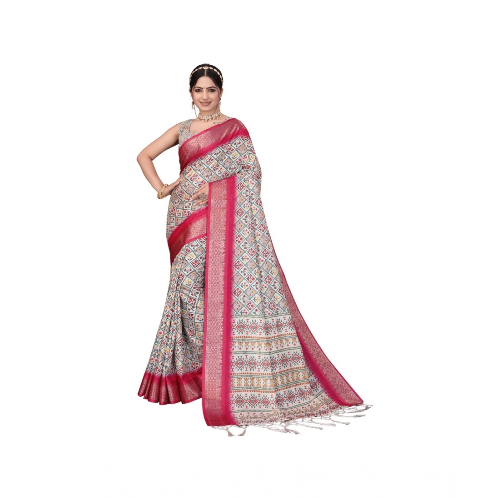 Women's Cotton Silk Printed Saree With Unstitched Blouse 5.5Mtr?(Pink)