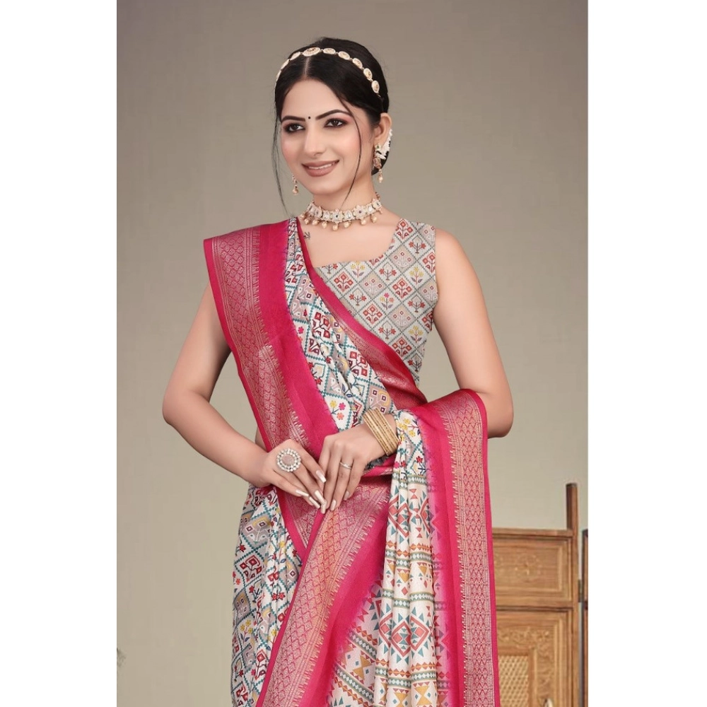 Women's Cotton Silk Printed Saree With Unstitched Blouse 5.5Mtr?(Pink) - Image 3
