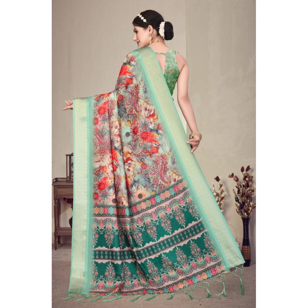 Women's Cotton Silk Printed Saree With Unstitched Blouse 5.5Mtr?(Light Green) - Image 4