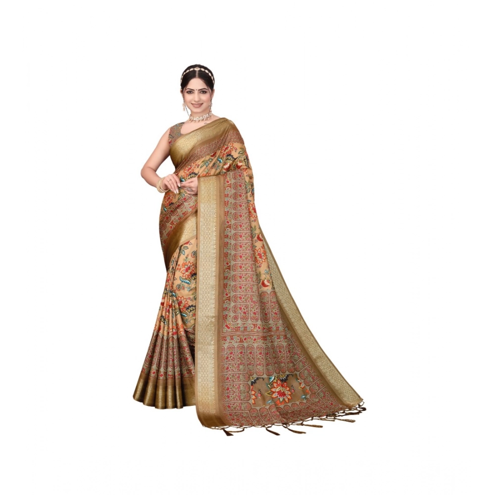 Women's Cotton Silk Printed Saree With Unstitched Blouse 5.5Mtr?(Peach)