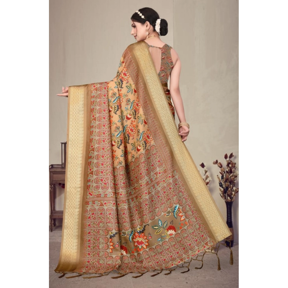 Women's Cotton Silk Printed Saree With Unstitched Blouse 5.5Mtr?(Peach) - Image 3