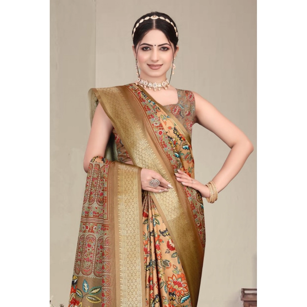 Women's Cotton Silk Printed Saree With Unstitched Blouse 5.5Mtr?(Peach) - Image 2