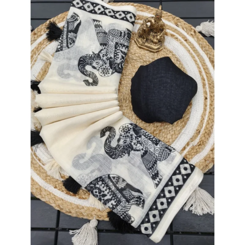 Women's Linen Cotton Printed Saree With Unstitched Blouse 5.5Mtr?(Cream & Black)