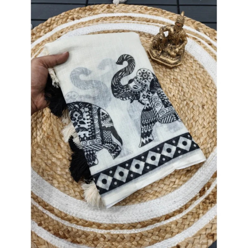 Alternative view of Women's Linen Cotton Printed Saree With Unstitched Blouse 5.5Mtr?(Cream & Black)