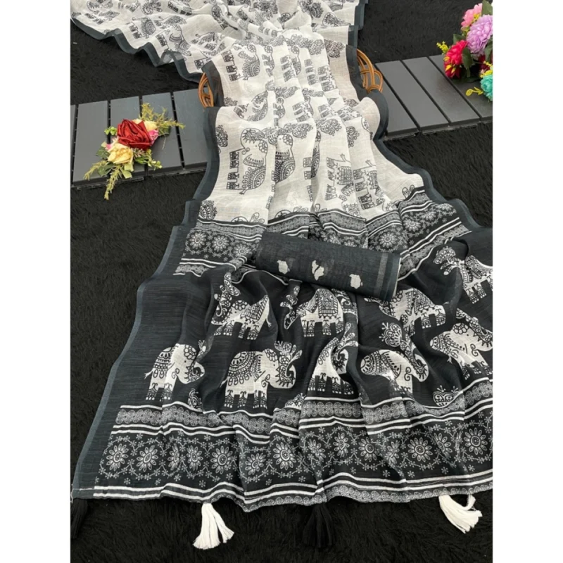 Women's Linen Cotton Printed Saree With Unstitched Blouse 5.5Mtr?(Black)