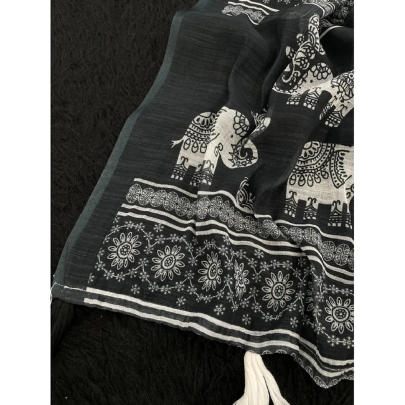 Alternative view of Women's Linen Cotton Printed Saree With Unstitched Blouse 5.5Mtr?(Black)